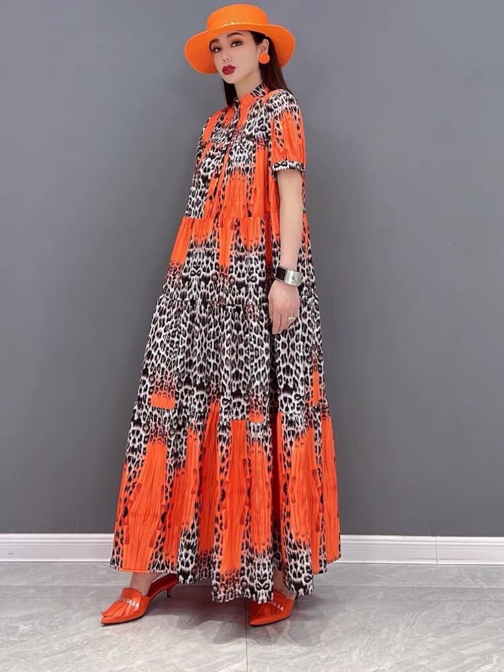Kate Hewko Leopard Print Orange Tiered Maxi Dress OS Oversized